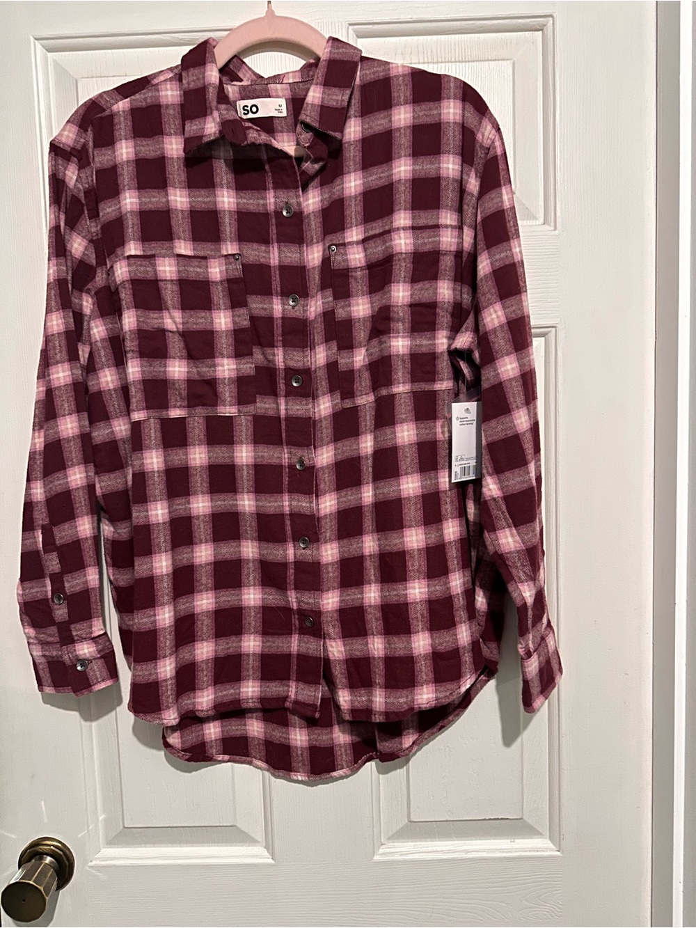 NWT SO Burgundy and Light Pink Plaid Button-Down Shirt